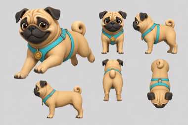 Project Zoomies concept board showing Riley, a fawn pug with a teal harness.